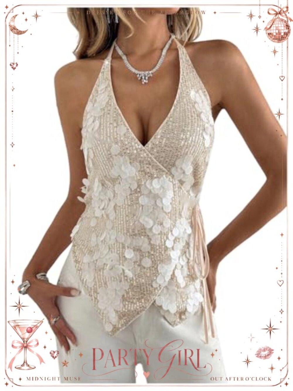 Sequin Halter Top Sleeveless Wrap V Neck Backless Asymmetrical Hem Party Rave